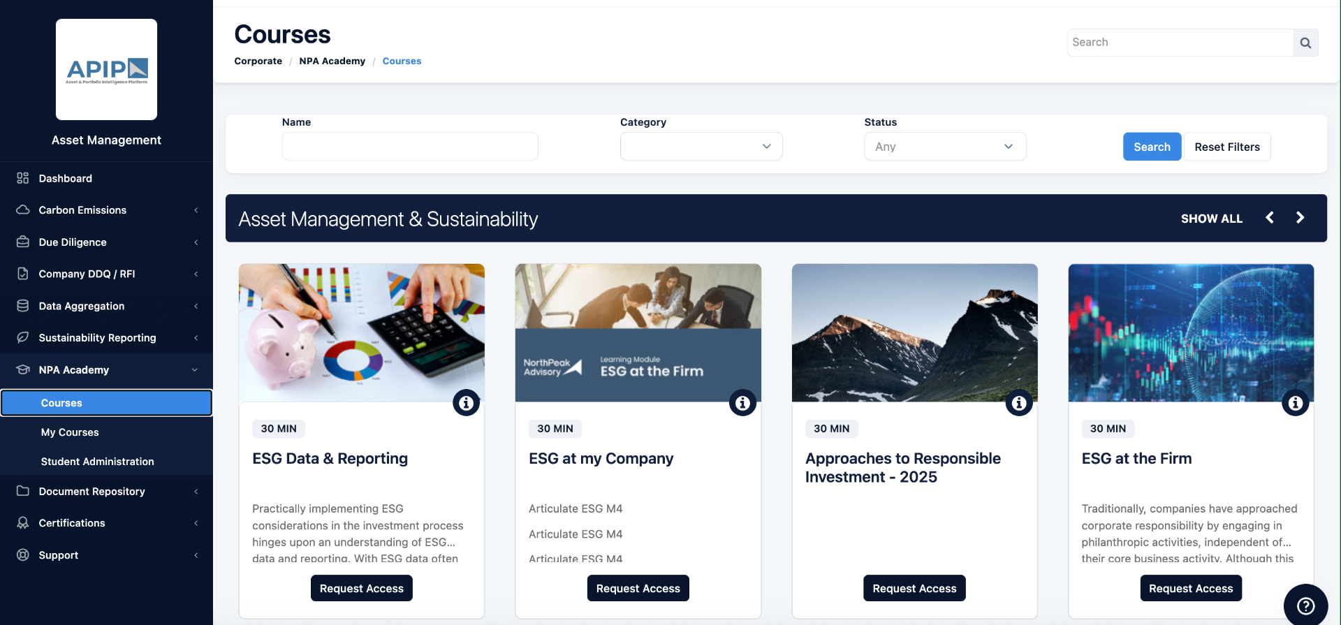 NPA Academy courses dashboard showing Asset Management & Sustainability modules