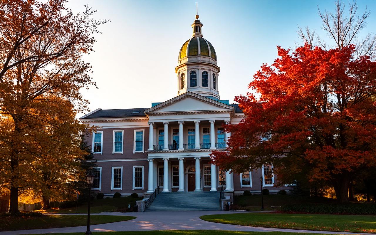 New Hampshire State House in Concord framed by autumn foliage
