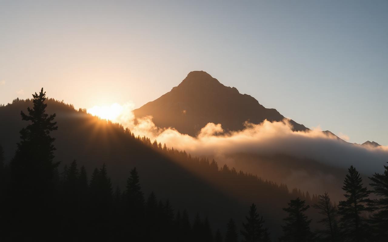 Mountain peak at sunrise emerging through soft mist above a pine forest