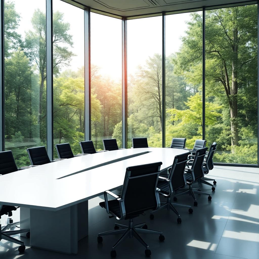 Modern corporate boardroom overlooking a forest landscape, symbolising the bridge between biodiversity science and business