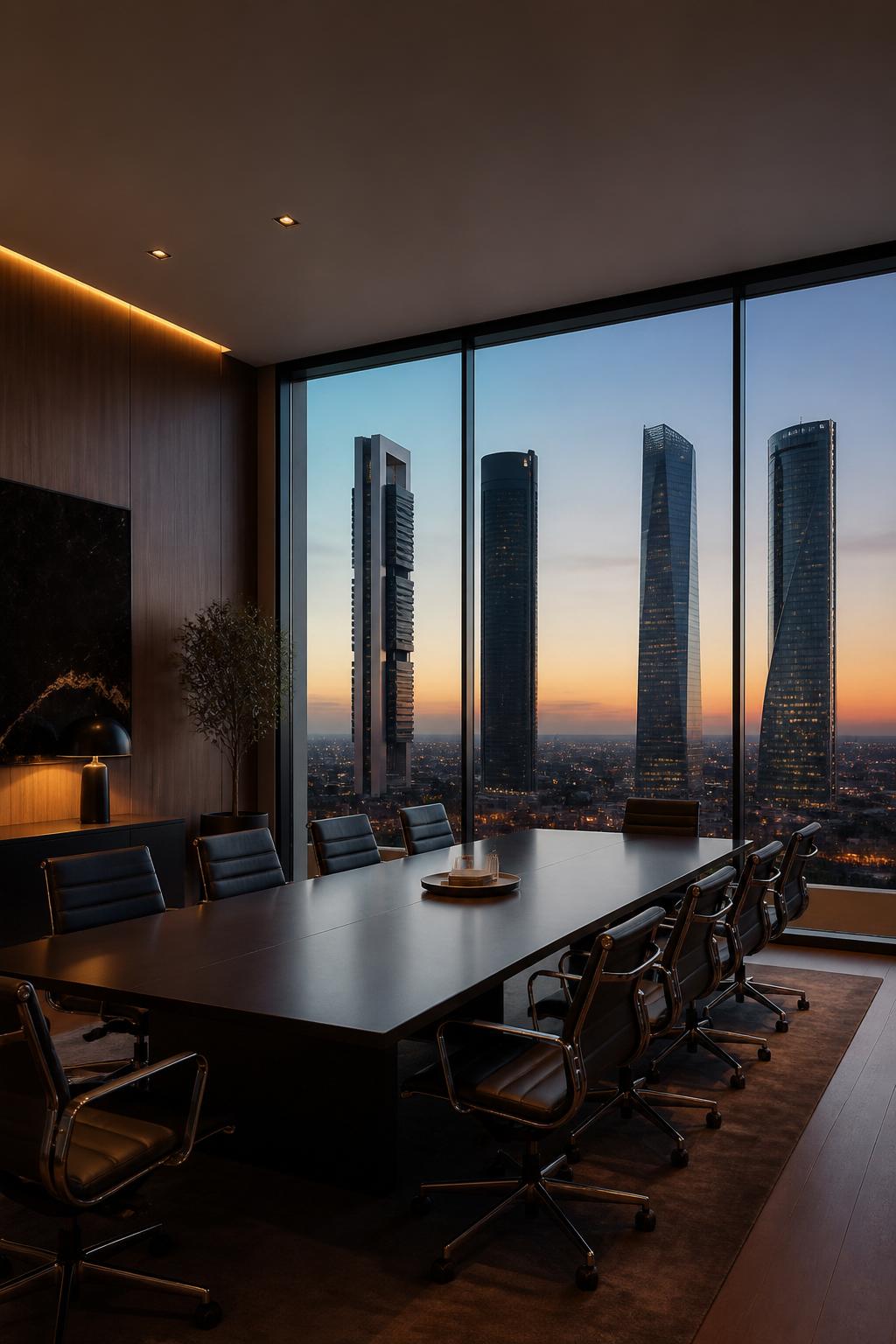 Sala de reuniones con vistas al skyline de Madrid al anochecer