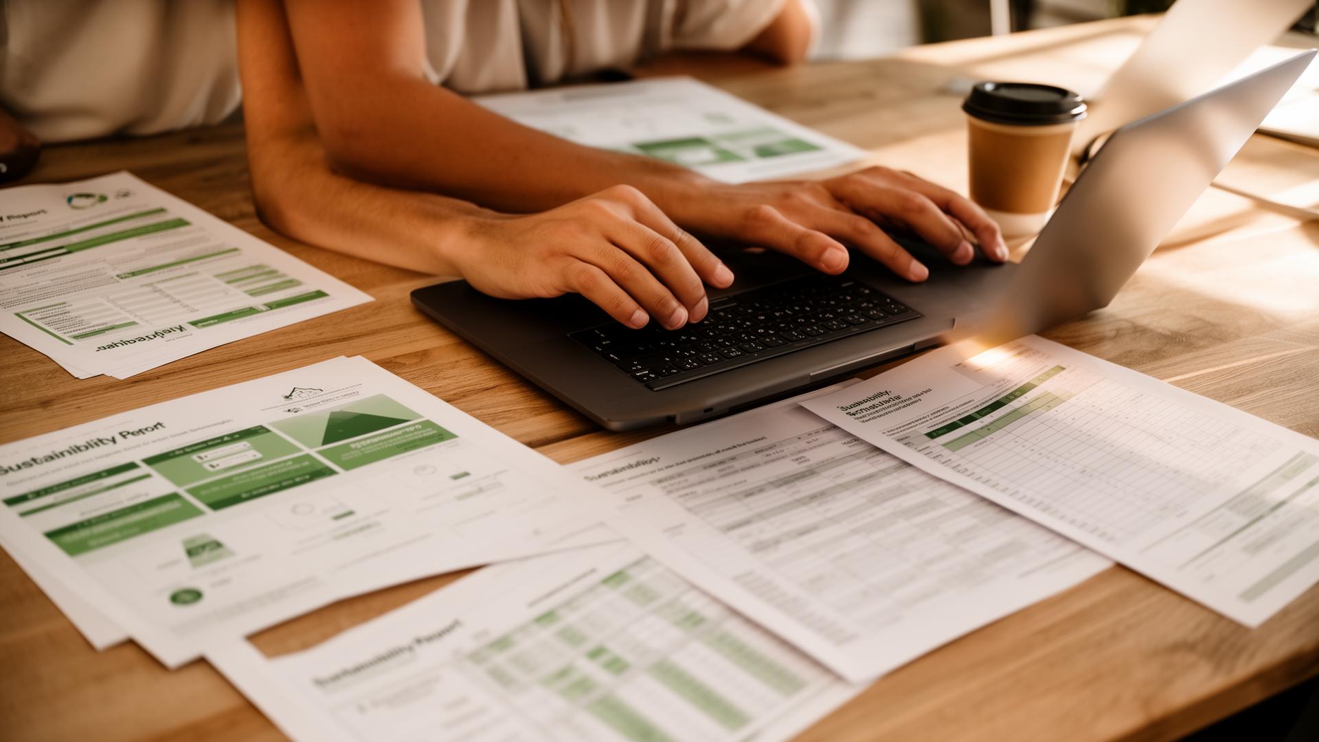 Hands typing on a laptop surrounded by printed sustainability reports and spreadsheets on a wooden desk