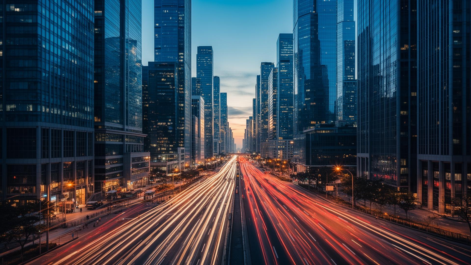 Skyline urbano al anochecer con estelas de luz