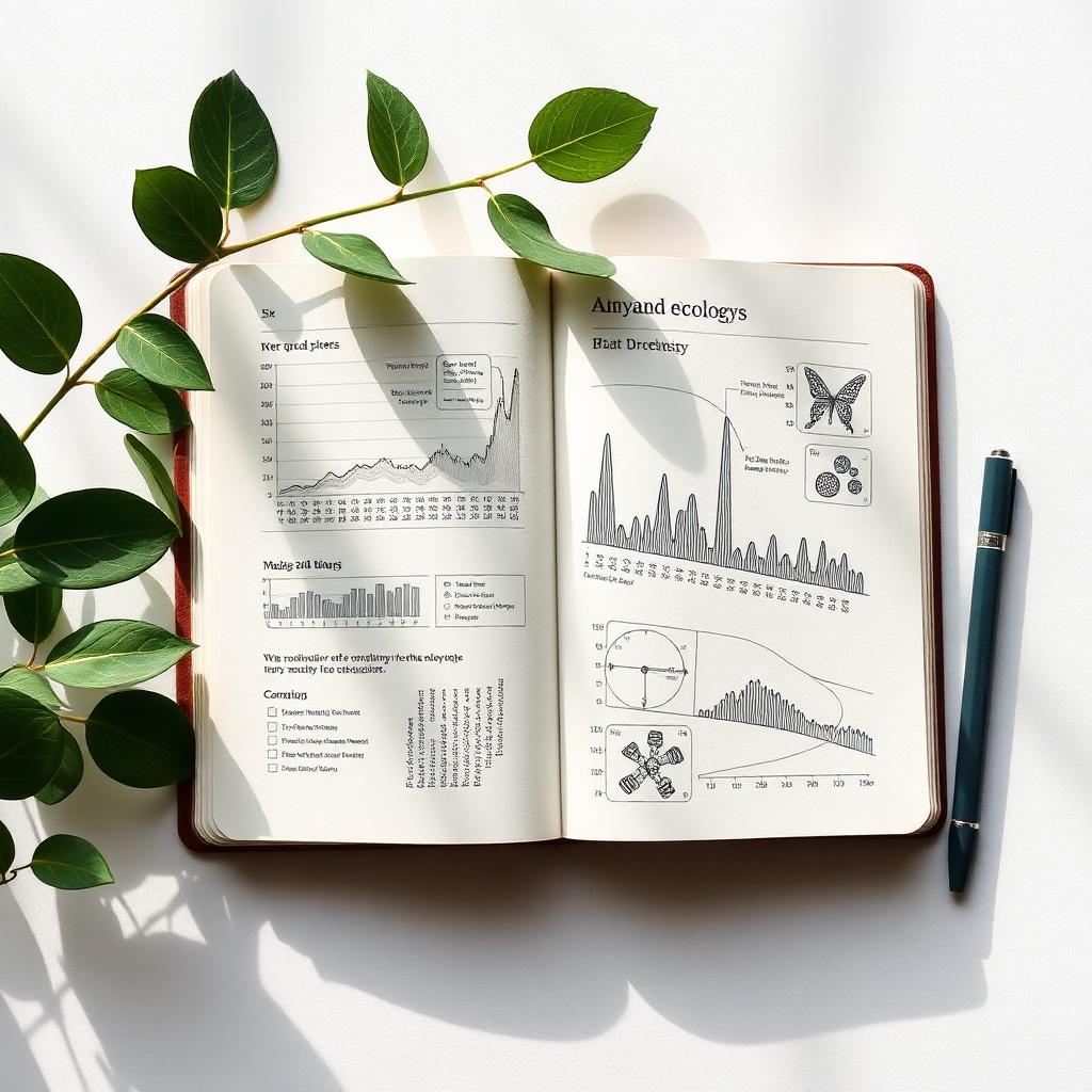 Open notebook with biodiversity data charts and green leaves on a bright desk