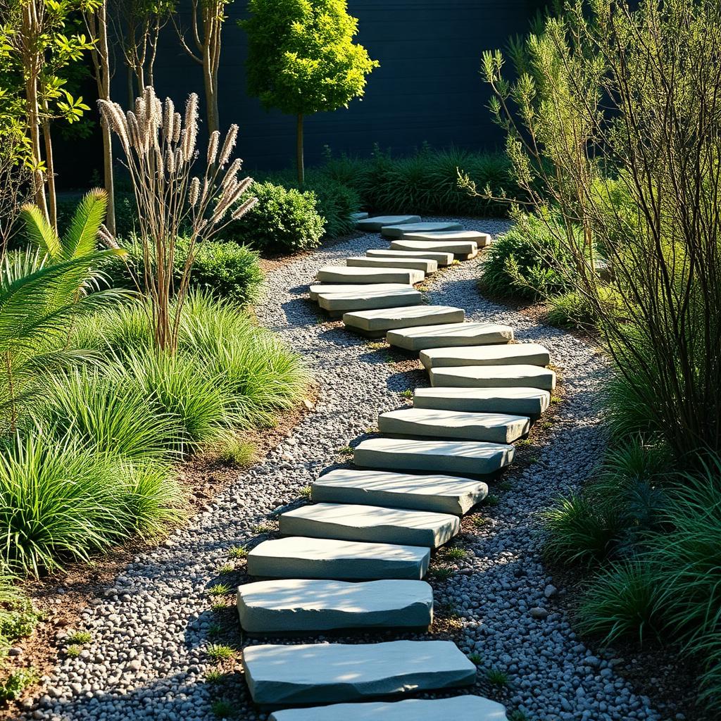 Stepping-stone pathway through a contemporary garden, symbolising progression