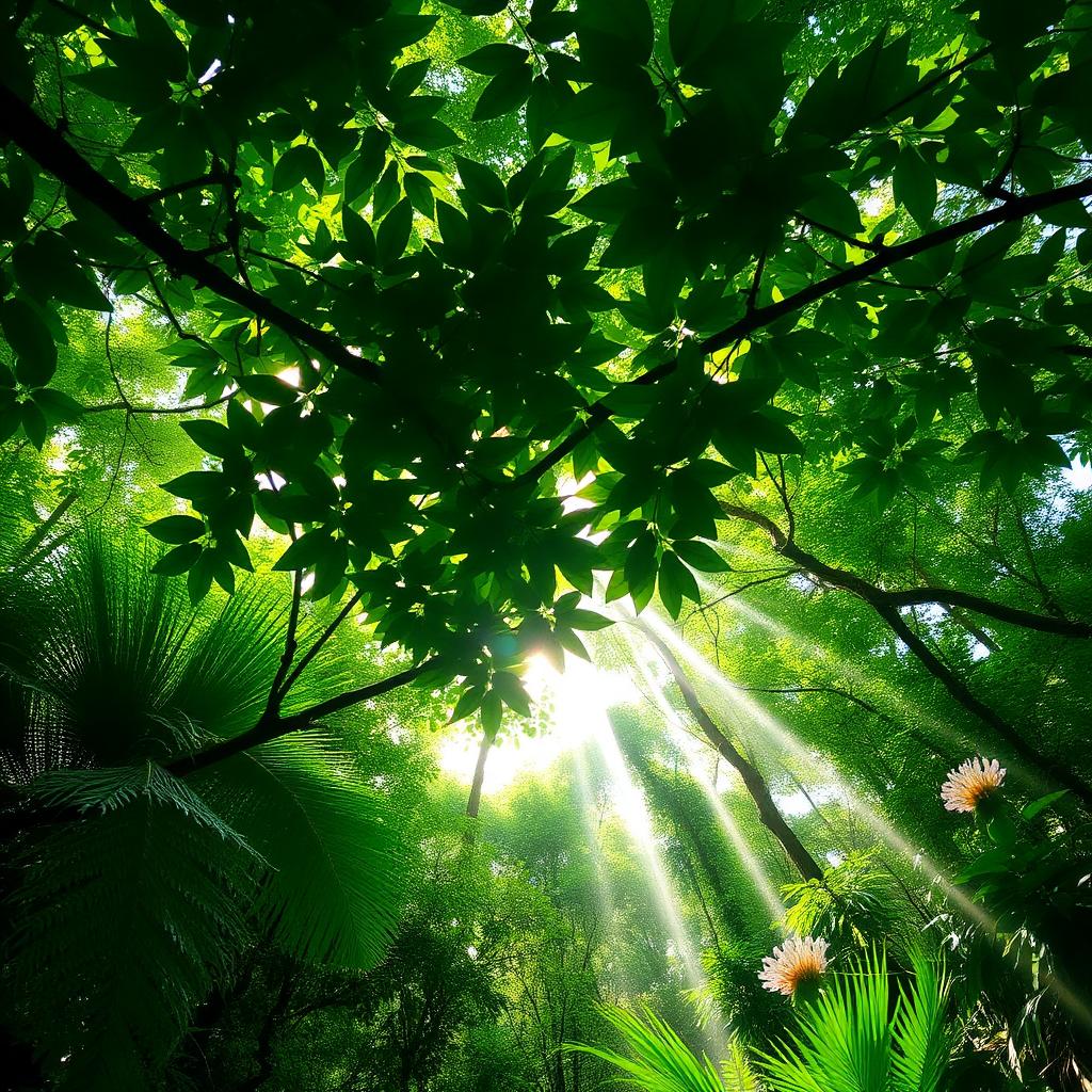 Lush forest canopy from below with sun rays filtering through layered green leaves
