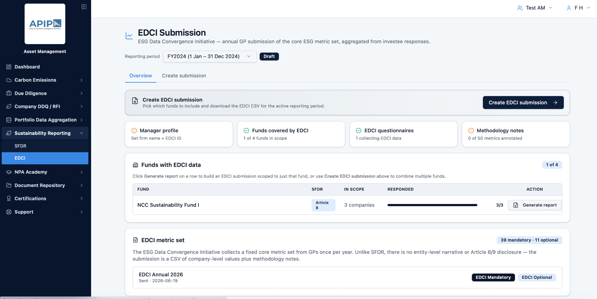 APIP EDCI Submission screen for FY2024 showing manager profile, funds covered by EDCI, EDCI questionnaires and methodology notes, plus a fund table with Generate report action and the EDCI Annual 2026 metric set.