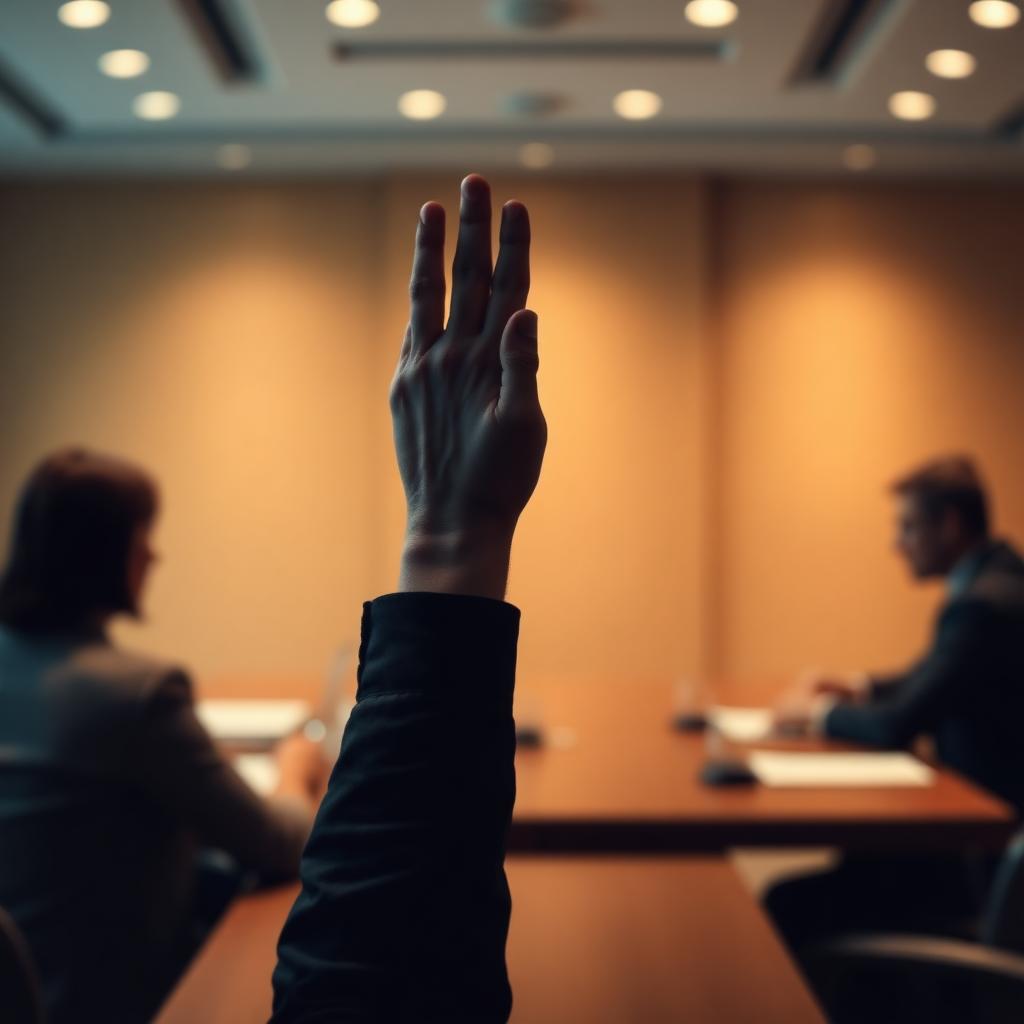 Raised hand in a corporate boardroom voting setting, soft warm light