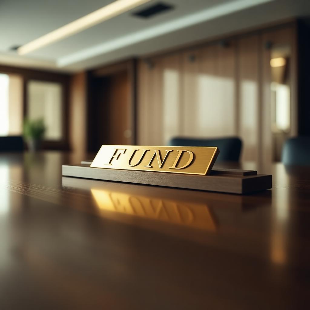 Brass fund nameplate on a polished wooden desk in a financial office