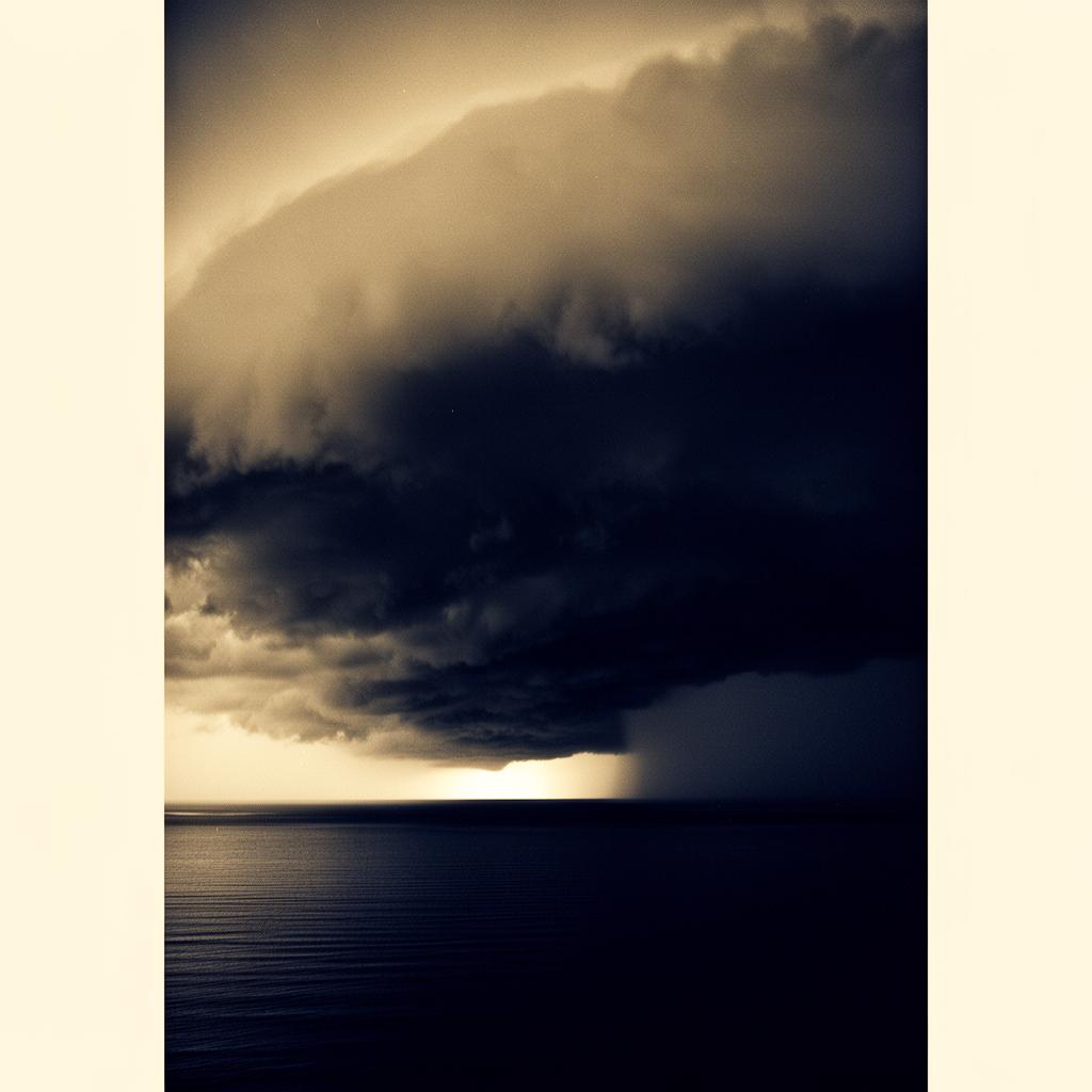 穏やかな海の向こうから迫る巨大な暗雲––織り込まれた地平線の先に集まるリスクの比喩。